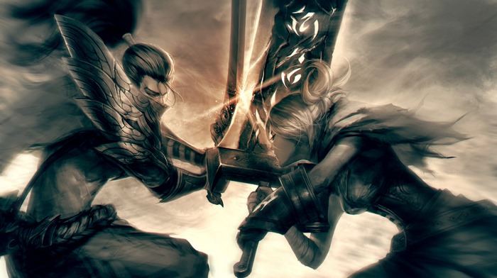 Yasuo and Riven from League of Legends sword fight