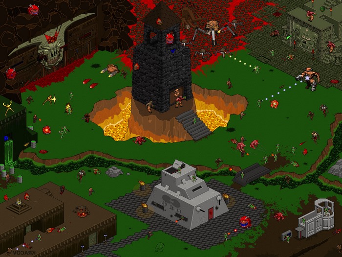 Doom isometric pixel art with demons and a fortress
