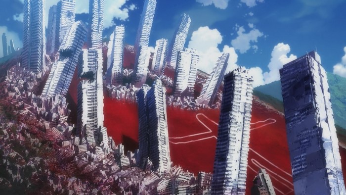 City ruins in blood with skyscrapers and mountains