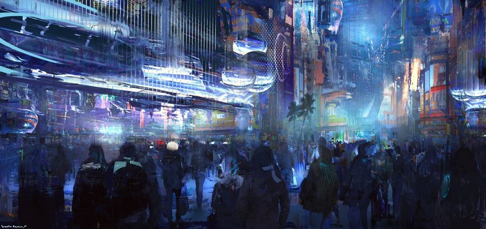 Futuristic cyberpunk city street with crowds