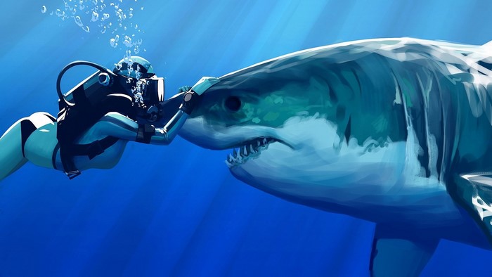 Underwater Encounter Between Diver and Great White Shark
