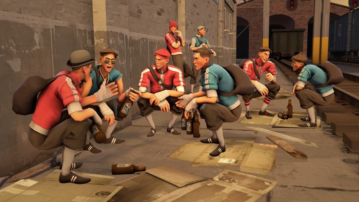 Team Fortress 2 Scouts gathered on train tracks