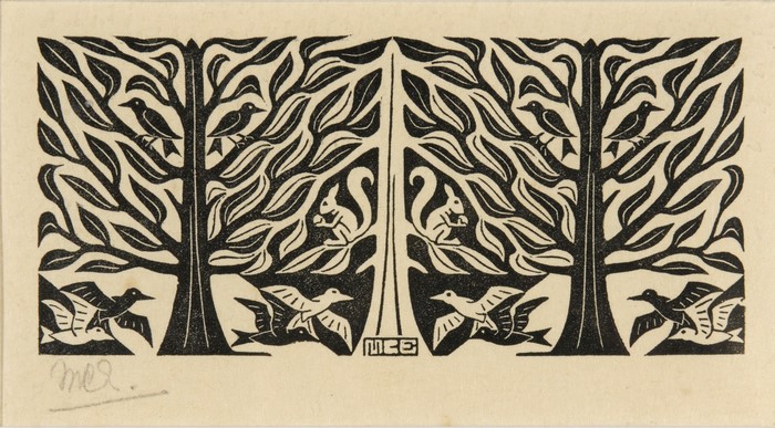 M.C. Escher woodcut of birds, squirrels, and trees