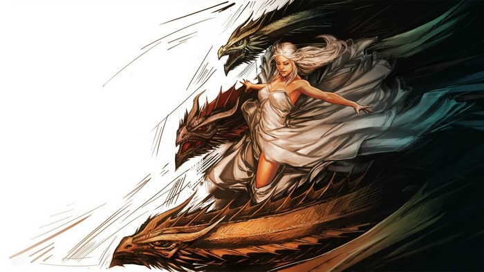 Daenerys Targaryen with three dragons from Game of Thrones