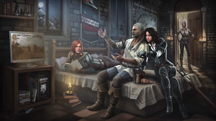 Geralt, Yennefer, and Triss from The Witcher 3 playing video games