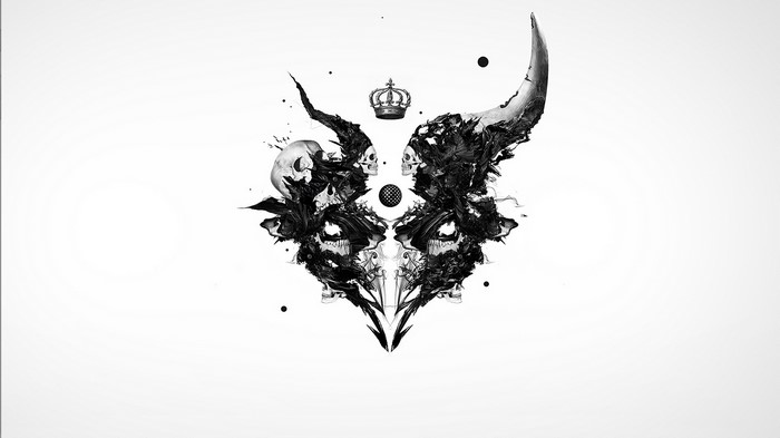 Abstract artwork with skulls and horns