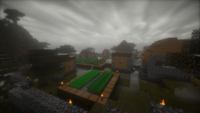 Minecraft village with shaders and fog