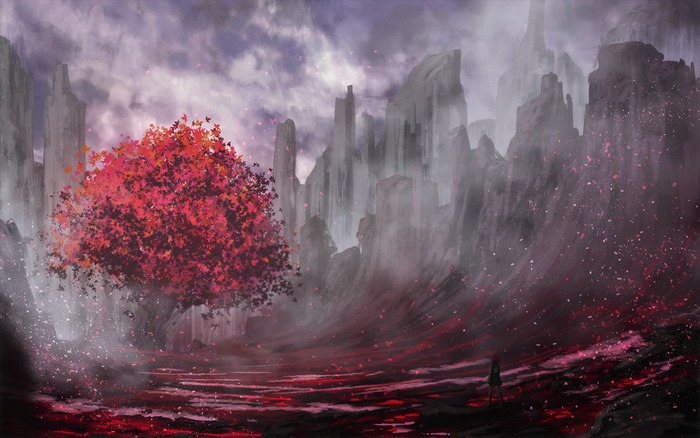 Fantasy landscape with red tree and rocky mountains