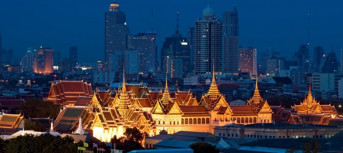 Bangkok Nightscape Featuring Illuminated Thai Temple