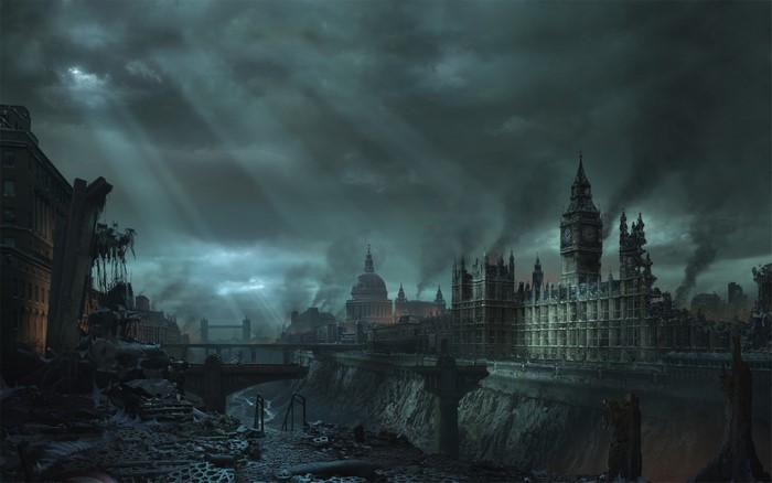 Abandoned London Cityscape with Clock Tower and Sun Rays