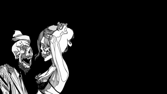 Monochrome artwork of two skeletons