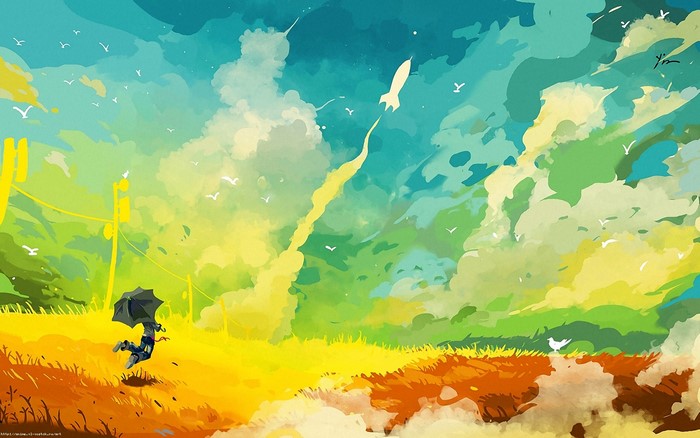 Person with umbrella running under rocket launch