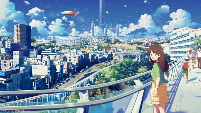 Anime cityscape with blimp and people on a walkway