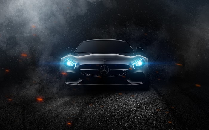 Mercedes-Benz AMG GT car with glowing headlights