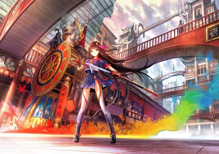 Anime girl with katana on a train platform