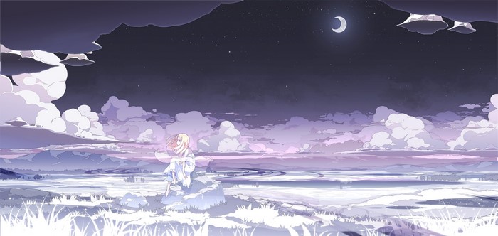 Anime girl in white dress under the night sky with moon and stars