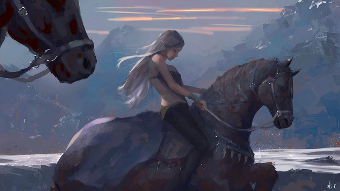 Woman with white hair riding a horse in mountains