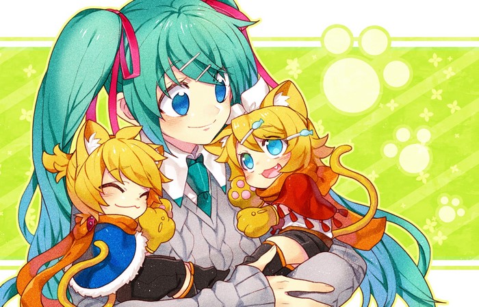Hatsune Miku holding cat-eared Kagamine Rin and Len