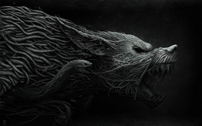 Creature made of roots resembling a wolf and a snake