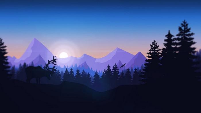 Minimalist mountain forest landscape with deer and eagle