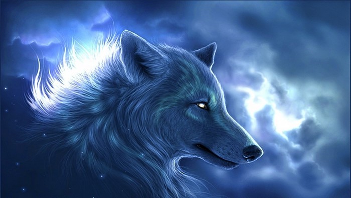 Fantasy wolf with glowing mane in stormy sky