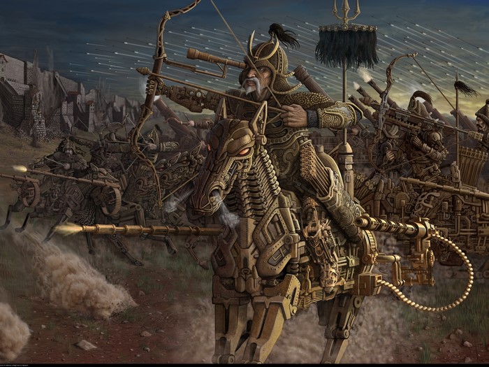 Steampunk Mongol warriors on mechanical horses firing arrows