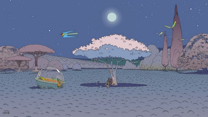 Moebius science fiction landscape with flying creatures and a person under a tree