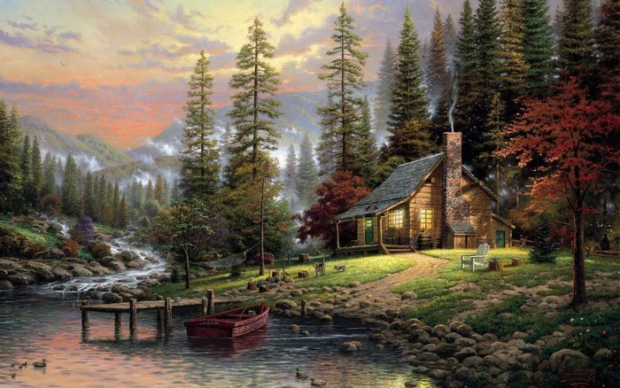Thomas Kinkade painting of a cabin by a river at sunset