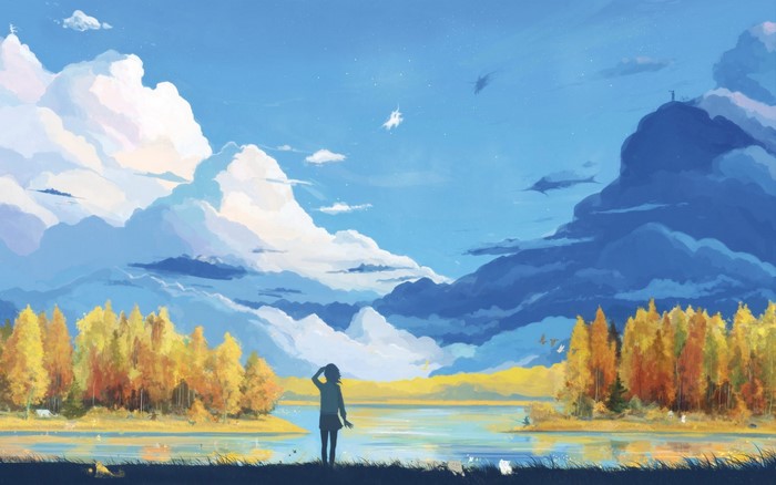 Anime landscape with a girl looking at the sky and clouds
