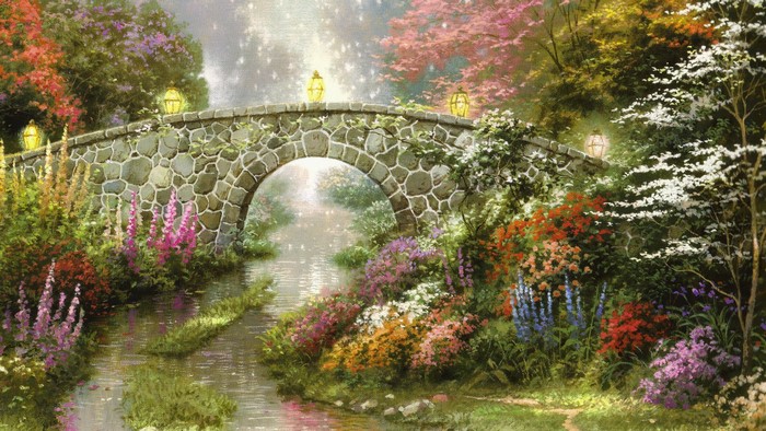 Thomas Kinkade painting of a stone bridge over a stream with flowers and lanterns