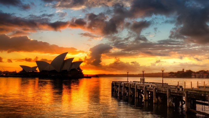 Sydney Opera House at sunset with pier