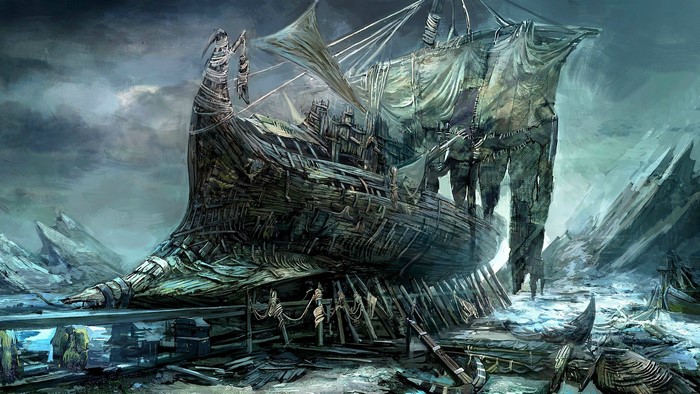Abandoned ship in a rocky, icy landscape