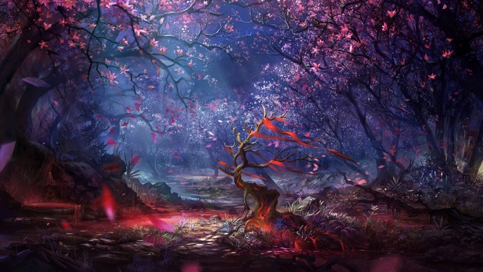Fantasy forest with pink and purple trees and red ribbons