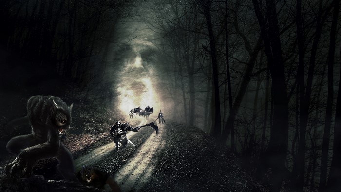 Knights and werewolves on a dark forest road