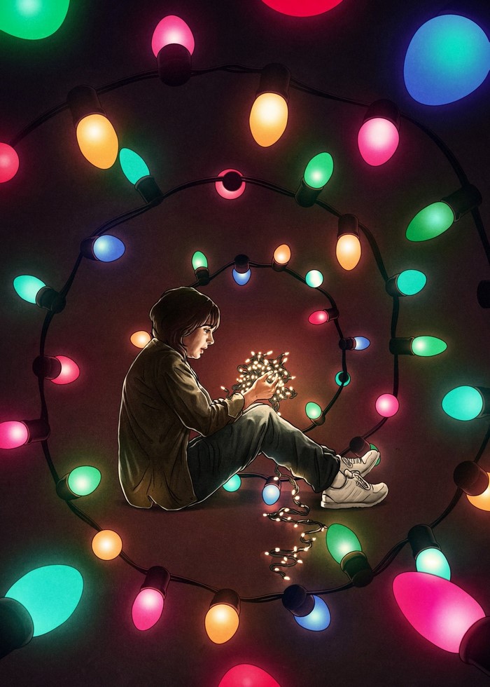 Will Byers from Stranger Things surrounded by Christmas lights