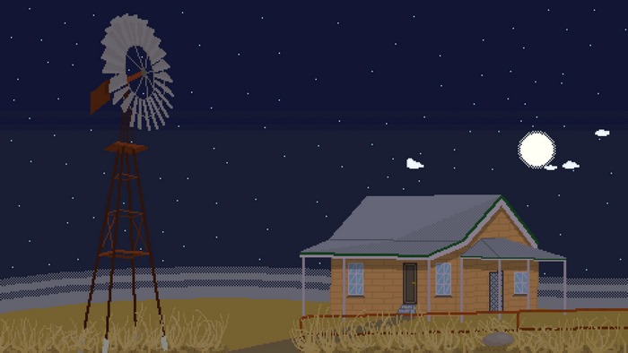 Pixel art house and windmill at night