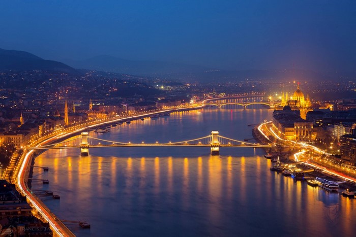 Budapest cityscape with Chain Bridge and Parliament Building at night