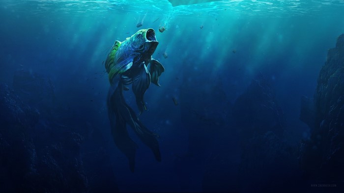 Fantasy deep sea goldfish with open mouth