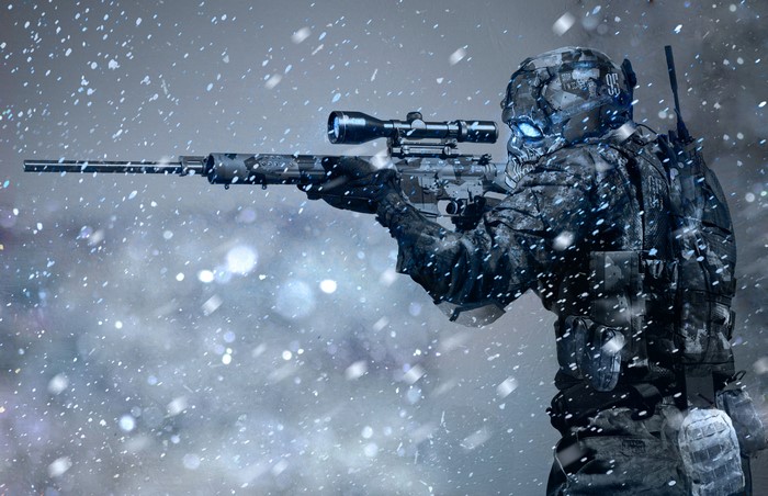 Futuristic Snow Camouflage Sniper in Winter Storm