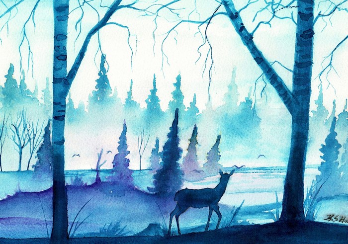 Watercolor deer in a misty blue forest