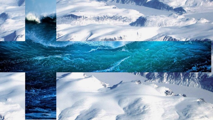 Collage of ocean waves and snowy mountains