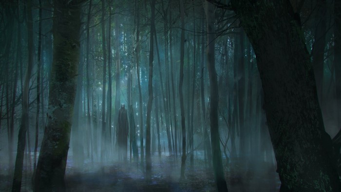 Figure in a foggy, dark forest