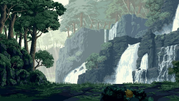 Pixel art landscape with waterfalls and trees