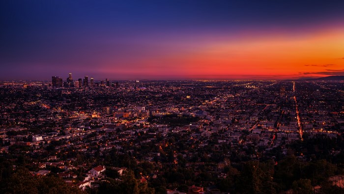 Los Angeles cityscape at sunset with city lights