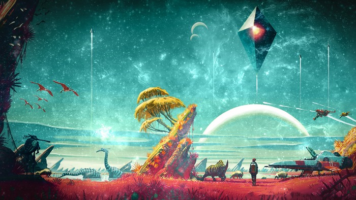 No Man's Sky alien planet with spaceships and creatures