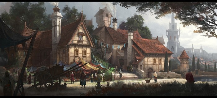 Fantasy village market with distant castle
