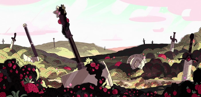 Steven Universe cartoon landscape with swords and strawberries