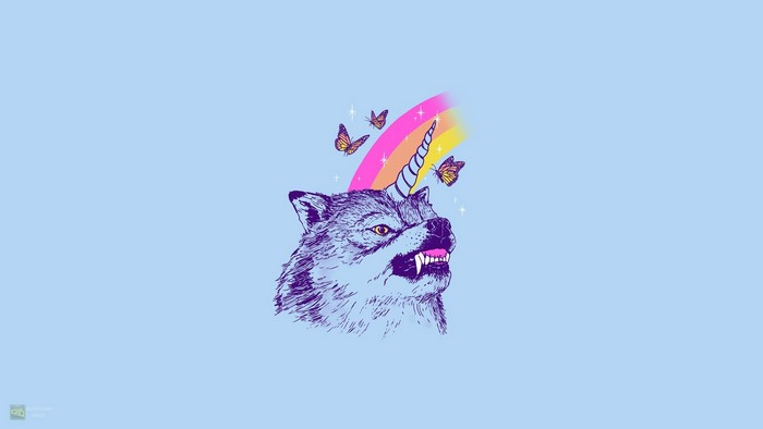 Wolf with unicorn horn and rainbow