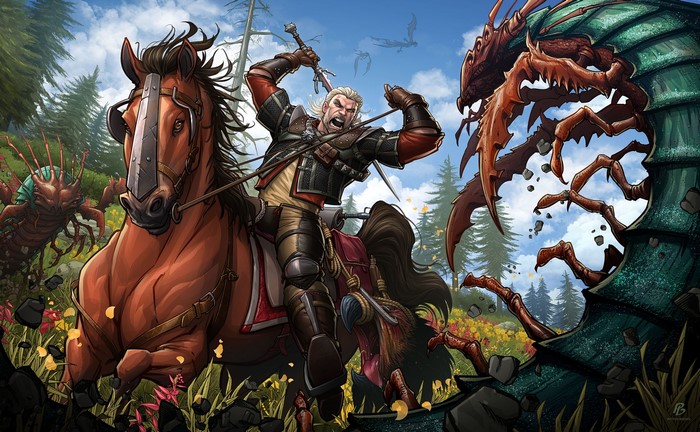 Geralt of Rivia fighting monsters from The Witcher 3