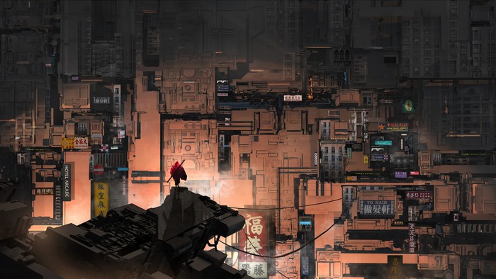 Cyberpunk cityscape with a lone figure